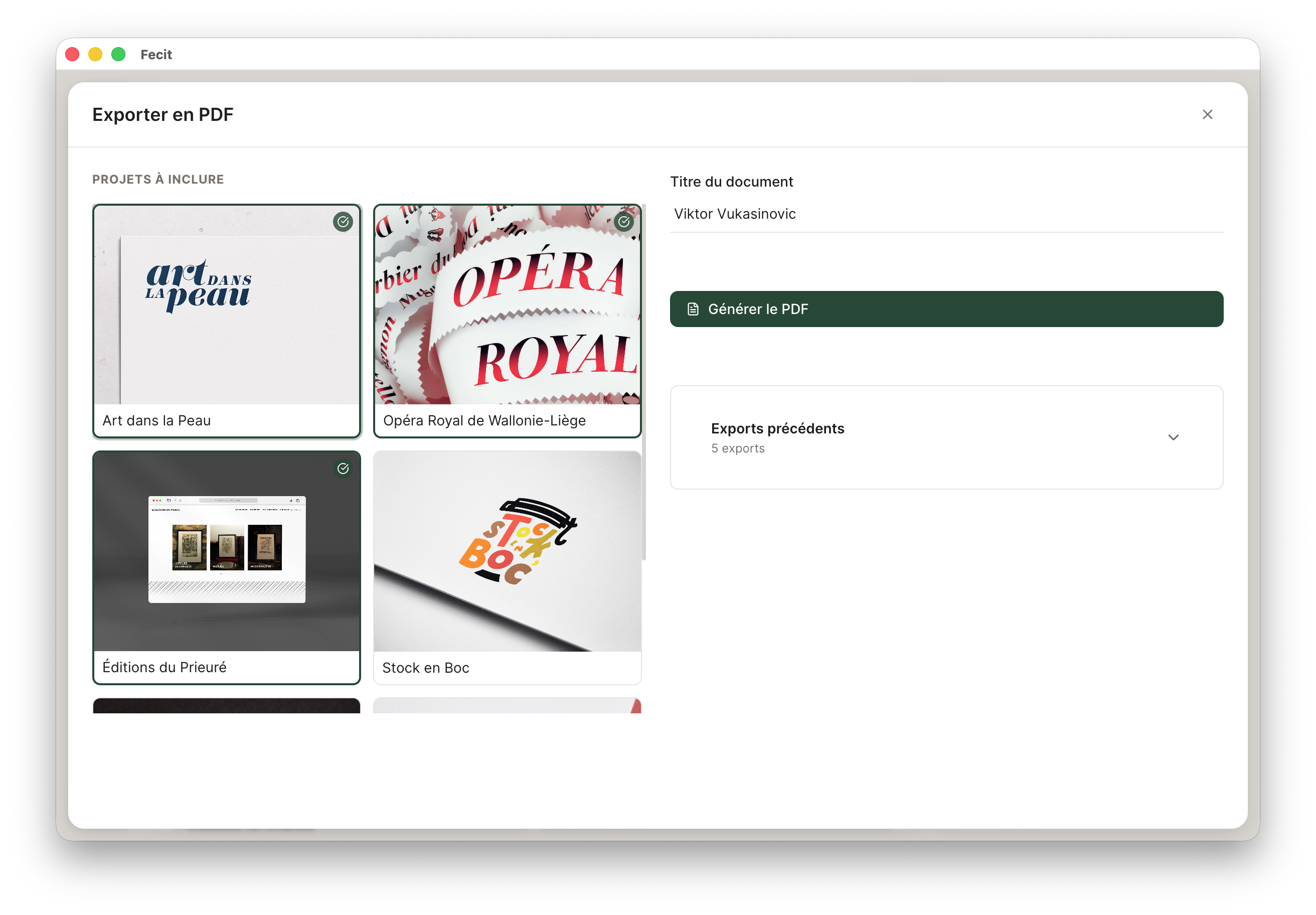 Fecit — sélectionner des projets et exporter en PDF